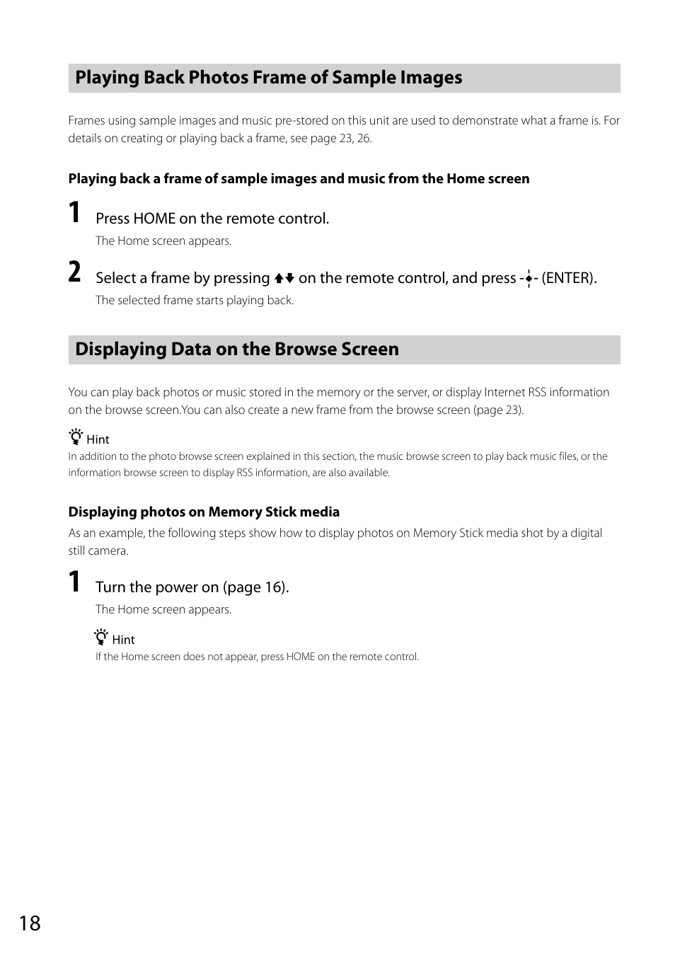 Playing back photos frame of sample images, Displaying data on the browse screen | Sony VGF-CP1U User Manual | Page 18 / 108