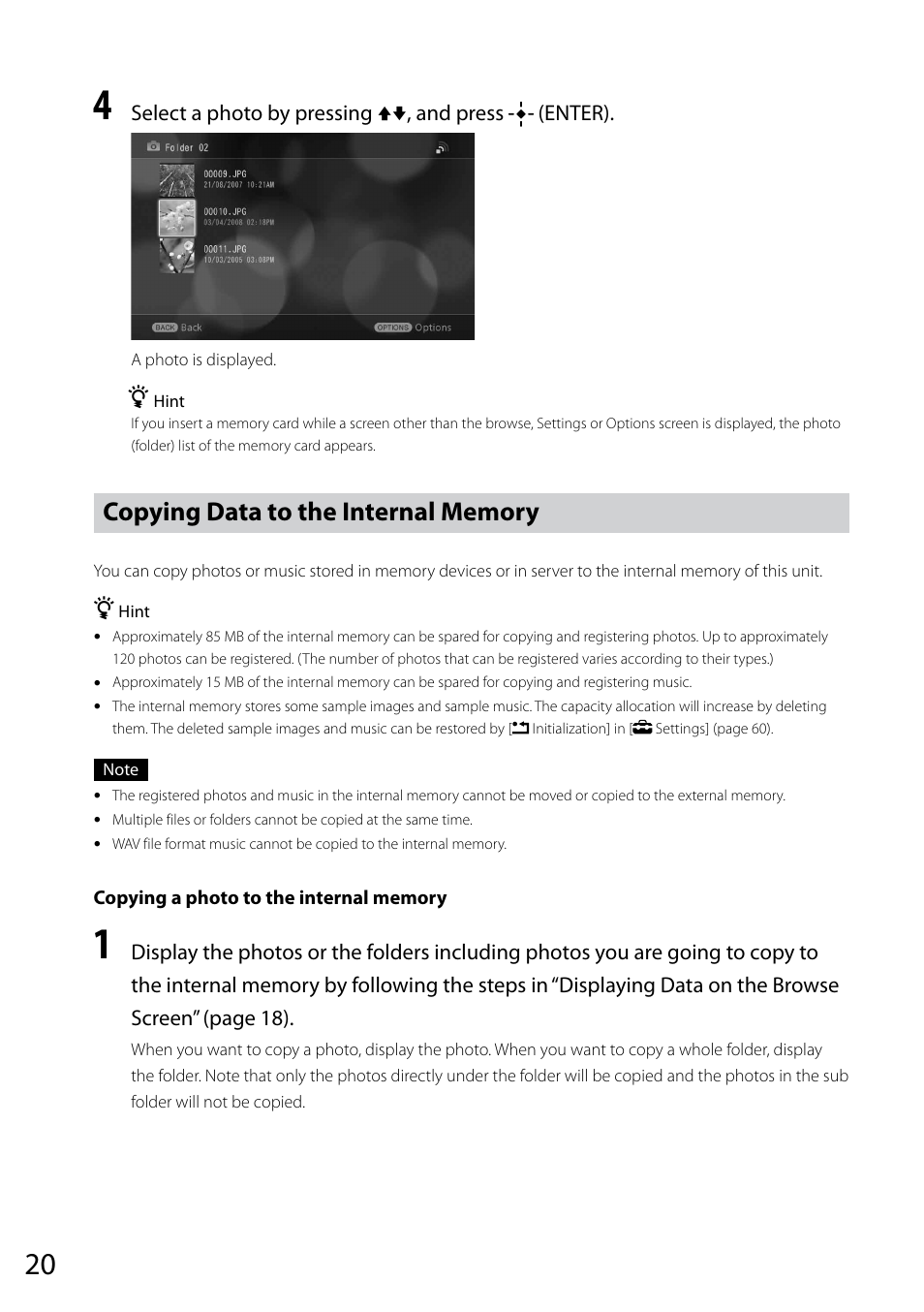 Copying data to the internal memory | Sony VGF-CP1U User Manual | Page 20 / 108