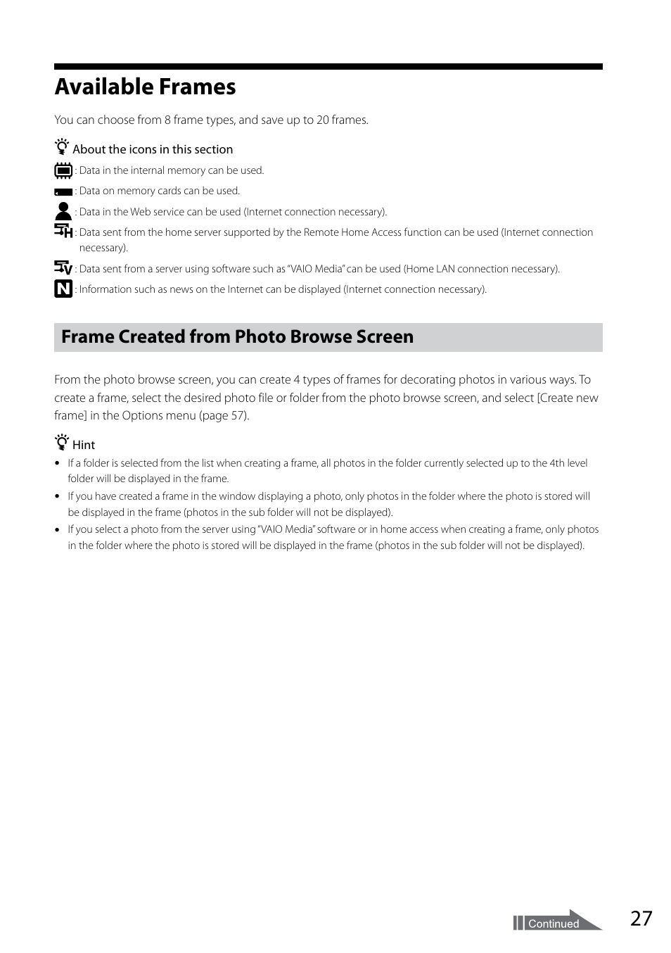 Available frames, Frame created from photo browse screen, Frame created from photo browse screen 27 | Sony VGF-CP1U User Manual | Page 27 / 108