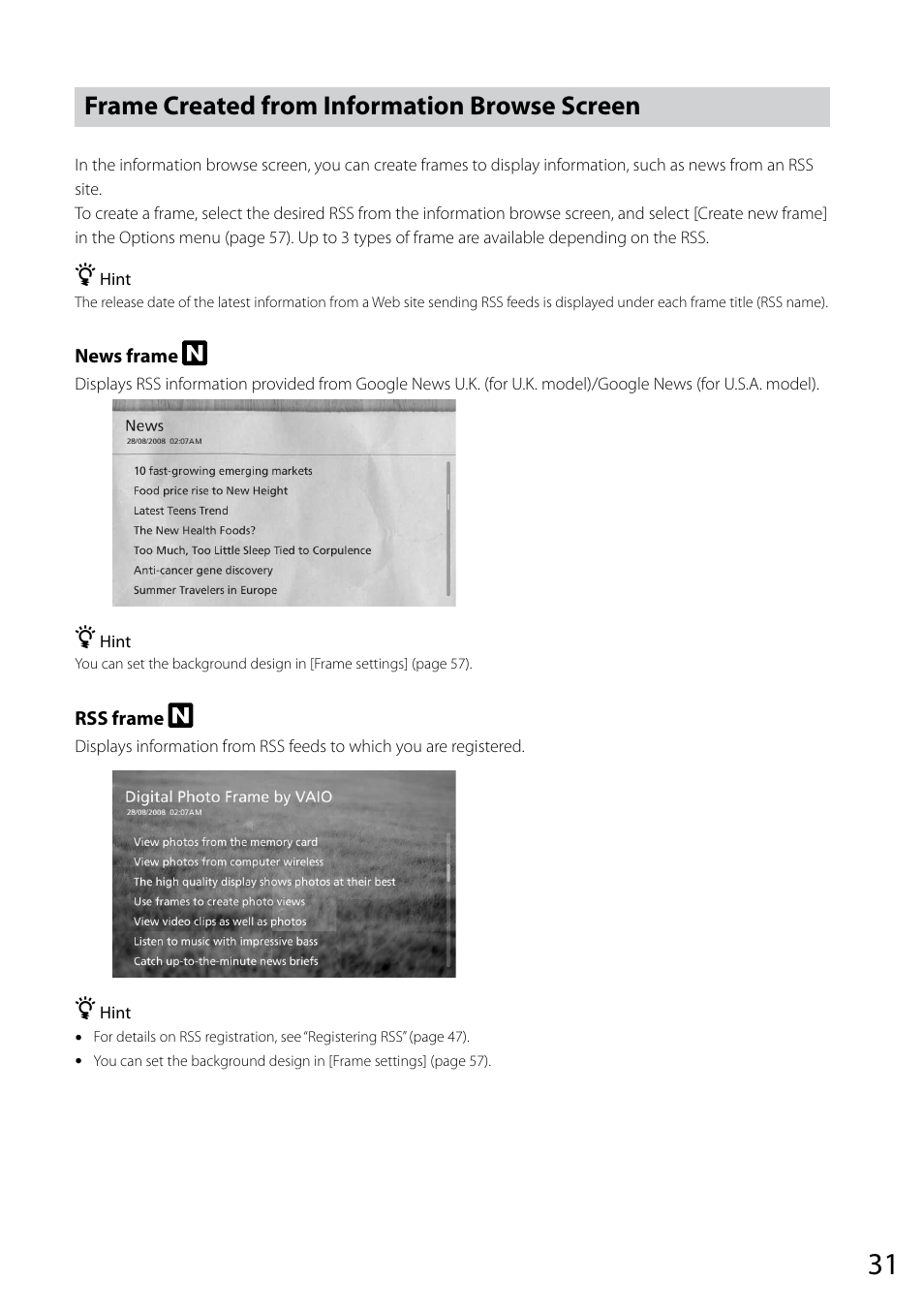 Frame created from information browse screen, Frame created from information browse, Screen | Sony VGF-CP1U User Manual | Page 31 / 108