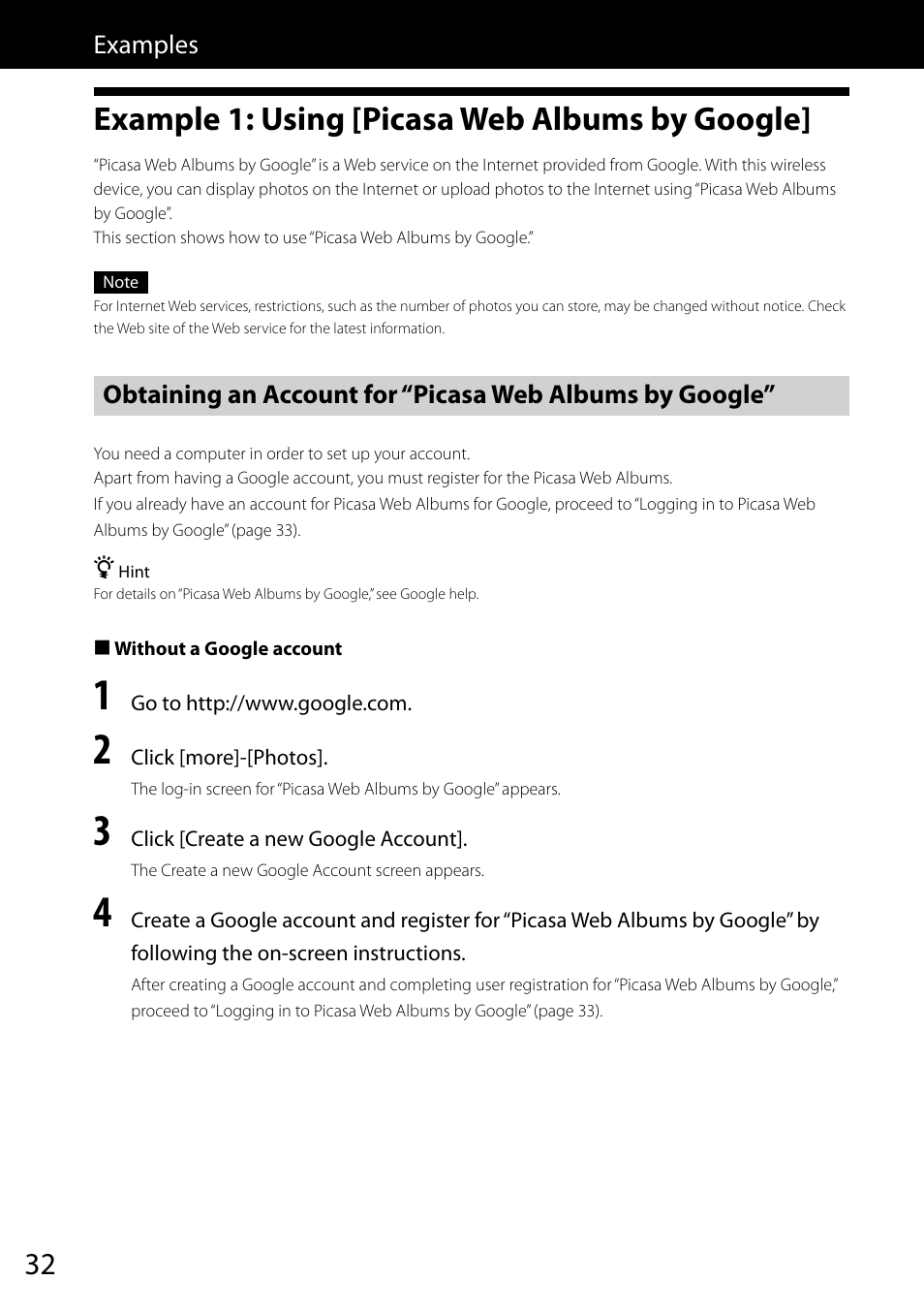 Examples, Example 1: using [picasa web albums by google, Example 1: using [picasa web albums by | Google, Obtaining an account for “picasa web, Albums by google | Sony VGF-CP1U User Manual | Page 32 / 108
