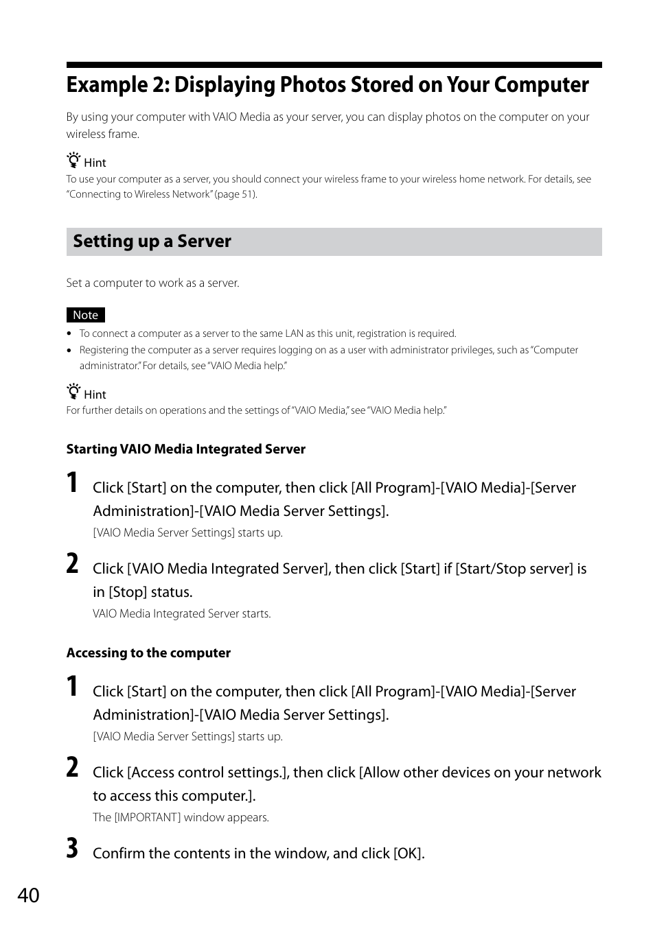 Setting up a server, Example 2: displaying photos stored on, Your computer | Sony VGF-CP1U User Manual | Page 40 / 108