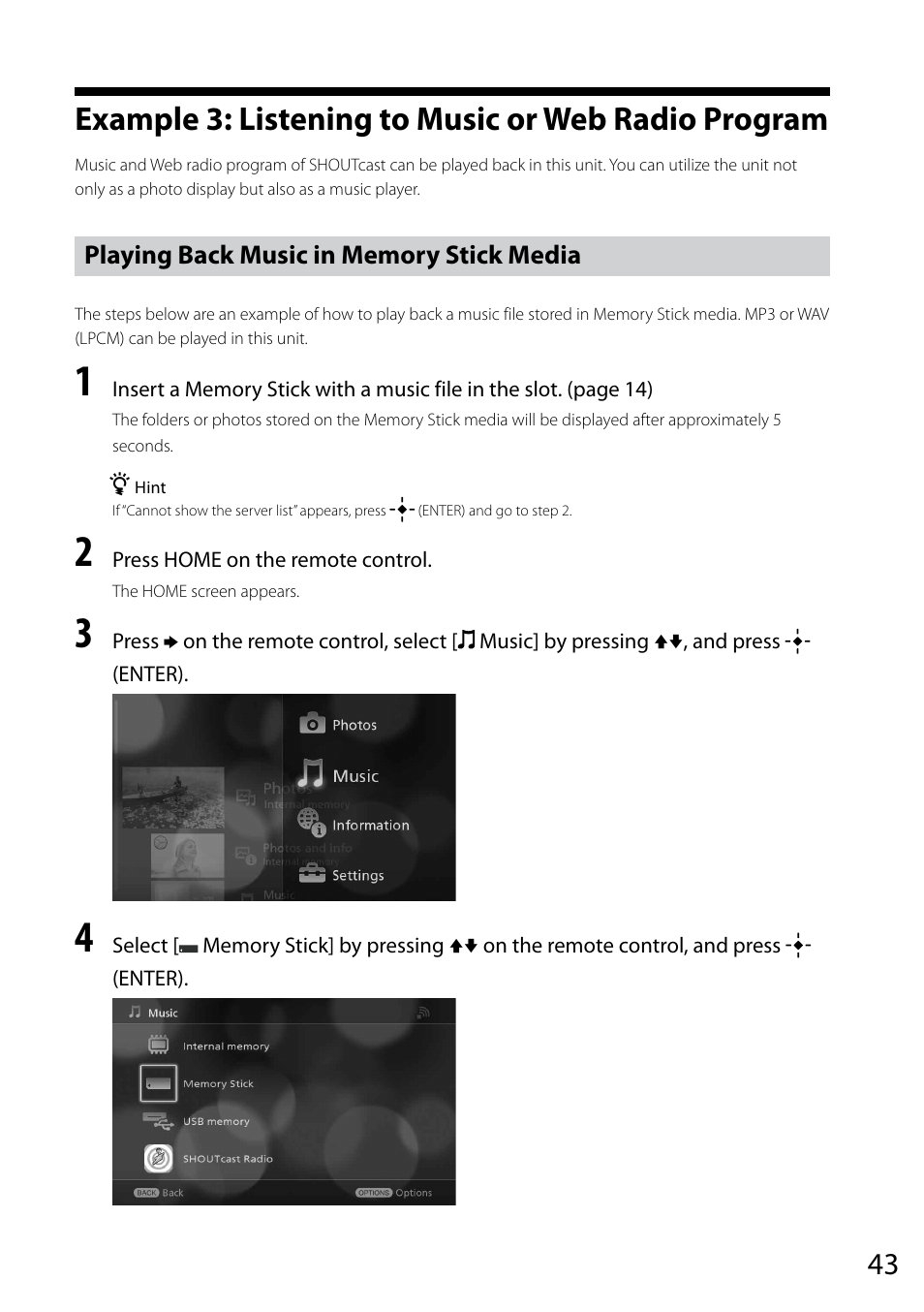 Example 3: listening to music or web radio program, Playing back music in memory stick media, Example 3: listening to music or web radio | Program, Playing back music in memory stick media 43 | Sony VGF-CP1U User Manual | Page 43 / 108