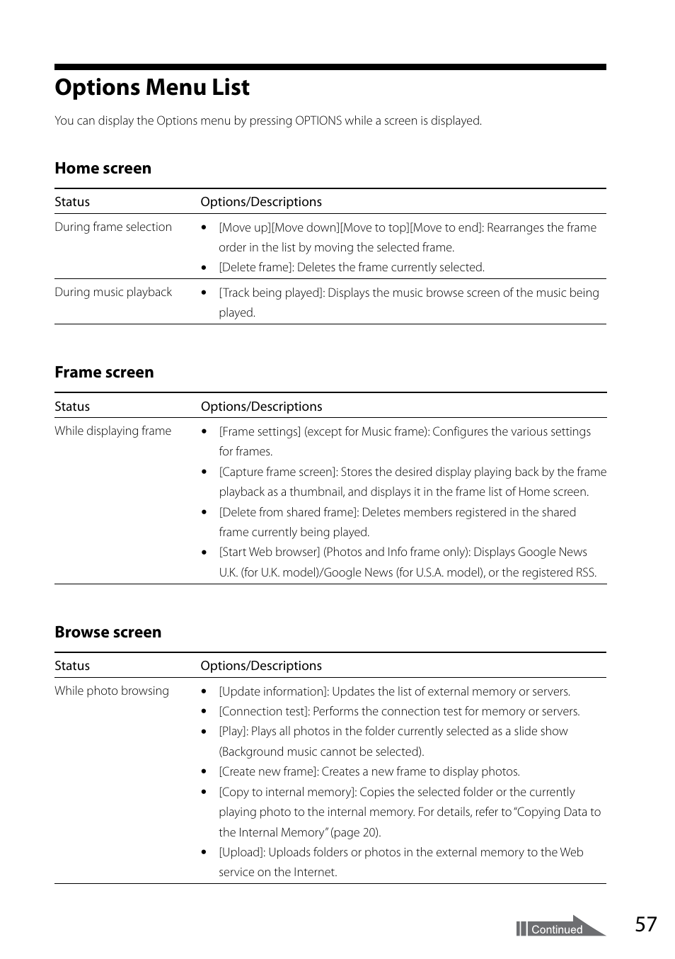 Options menu list, Home screen, Frame screen | Browse screen | Sony VGF-CP1U User Manual | Page 57 / 108