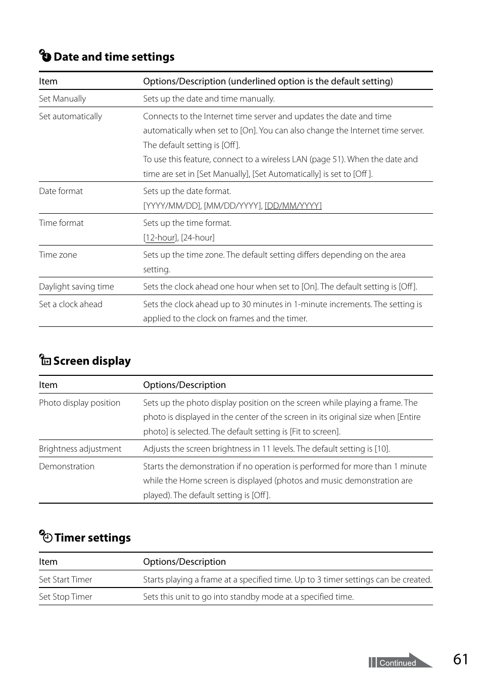 Date and time settings, Screen display, Timer settings | Sony VGF-CP1U User Manual | Page 61 / 108