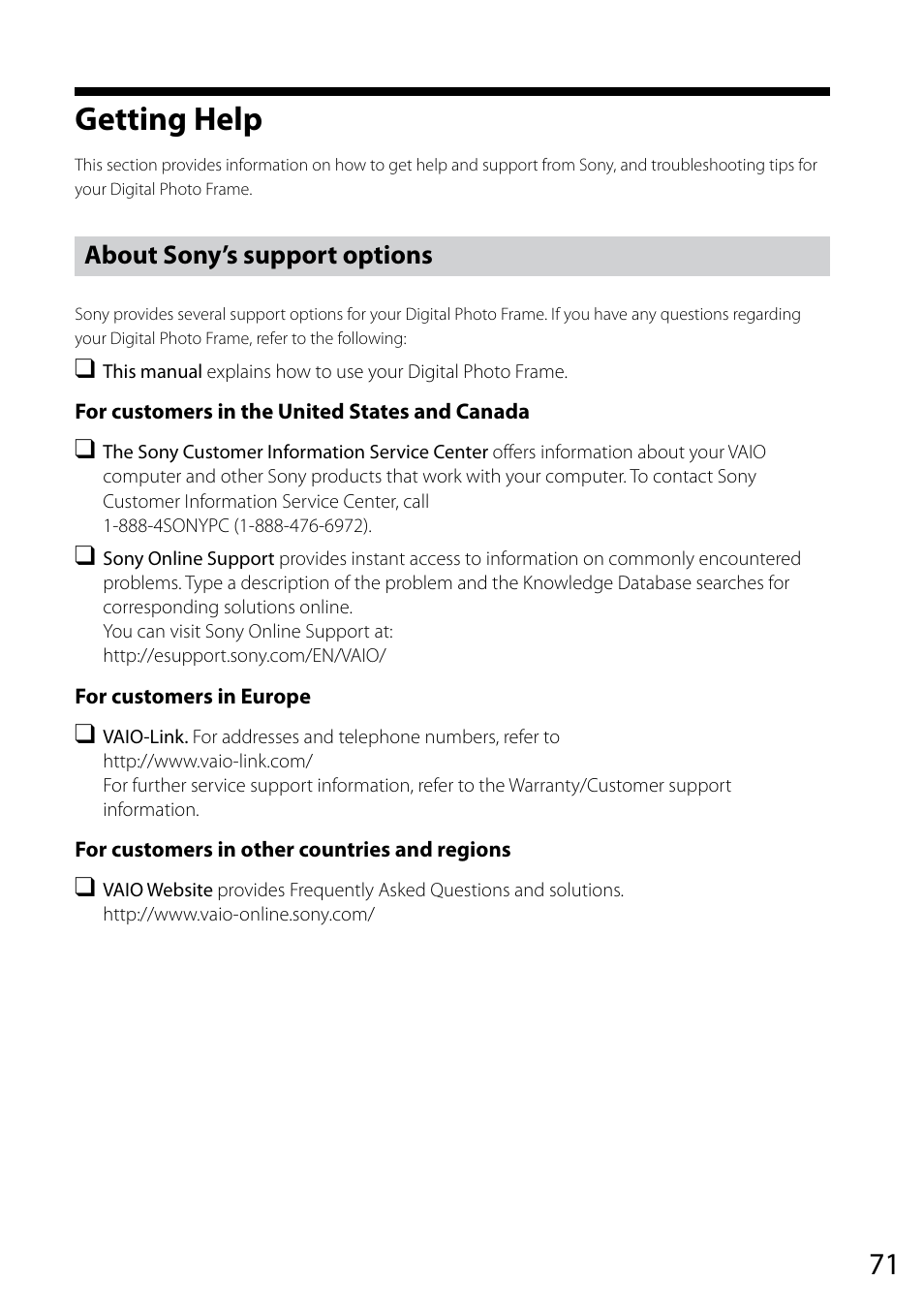 Getting help, About sony’s support options | Sony VGF-CP1U User Manual | Page 71 / 108