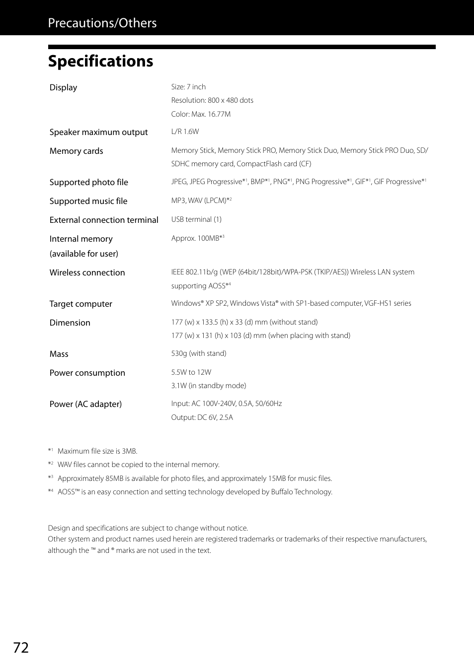 Precautions/others, Specifications | Sony VGF-CP1U User Manual | Page 72 / 108