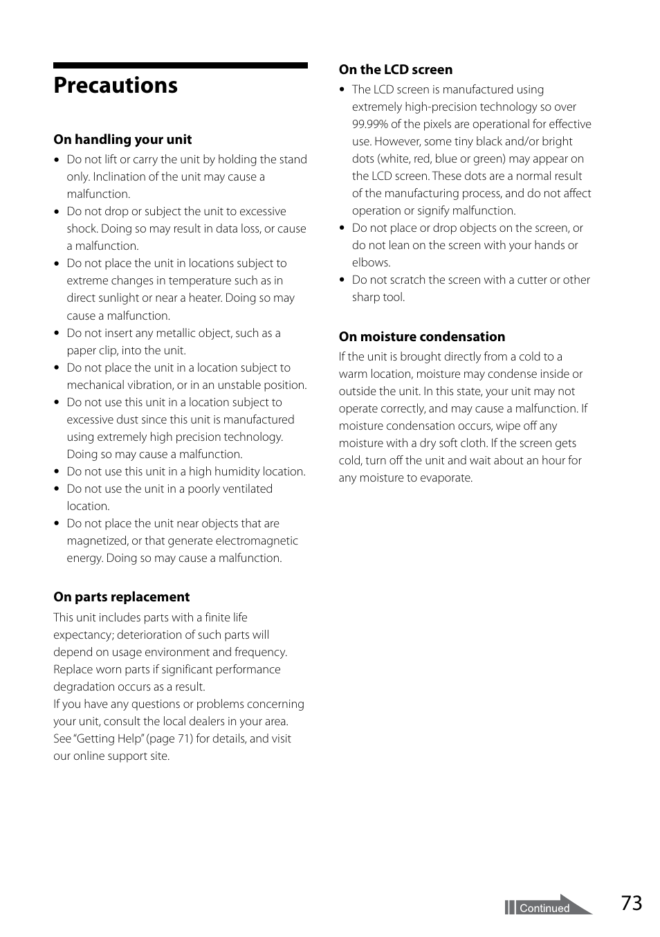 Precautions | Sony VGF-CP1U User Manual | Page 73 / 108