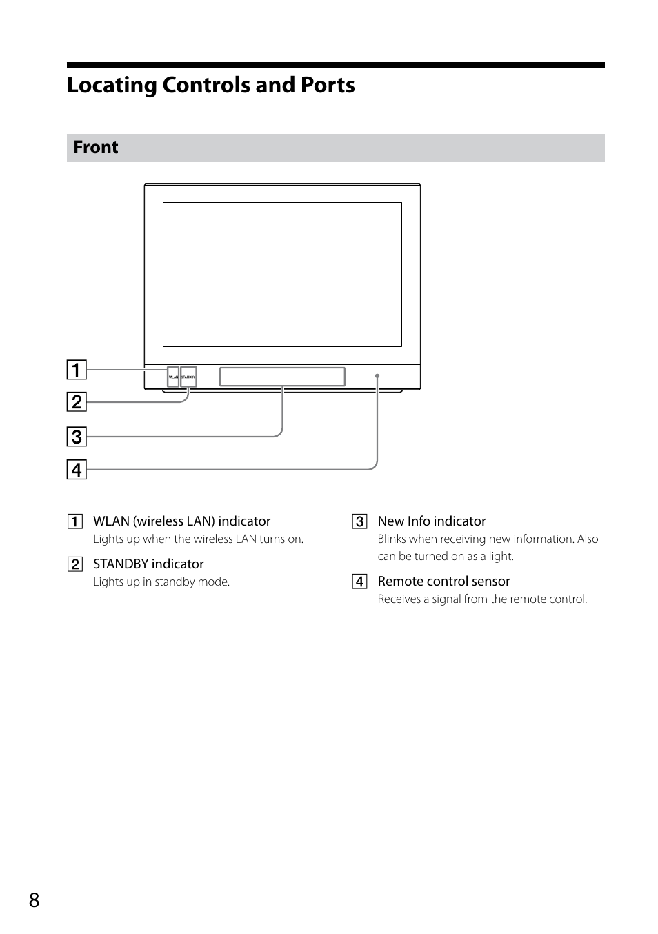 Locating controls and ports, Front | Sony VGF-CP1U User Manual | Page 8 / 108