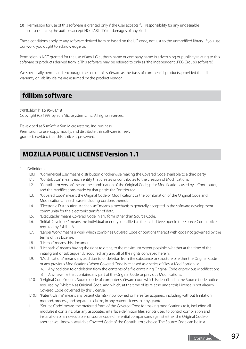 Fdlibm software, Mozilla public license version 1.1 | Sony VGF-CP1U User Manual | Page 97 / 108