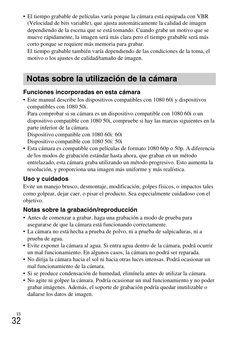 Notas sobre la utilización de la cámara | Sony DSC-RX100M2COS User Manual | Page 110 / 120