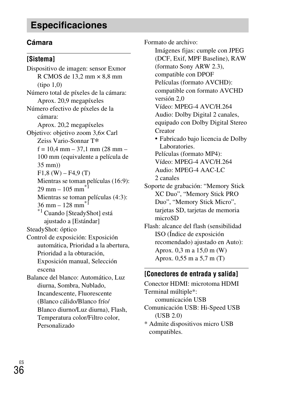 Especificaciones | Sony DSC-RX100M2COS User Manual | Page 114 / 120