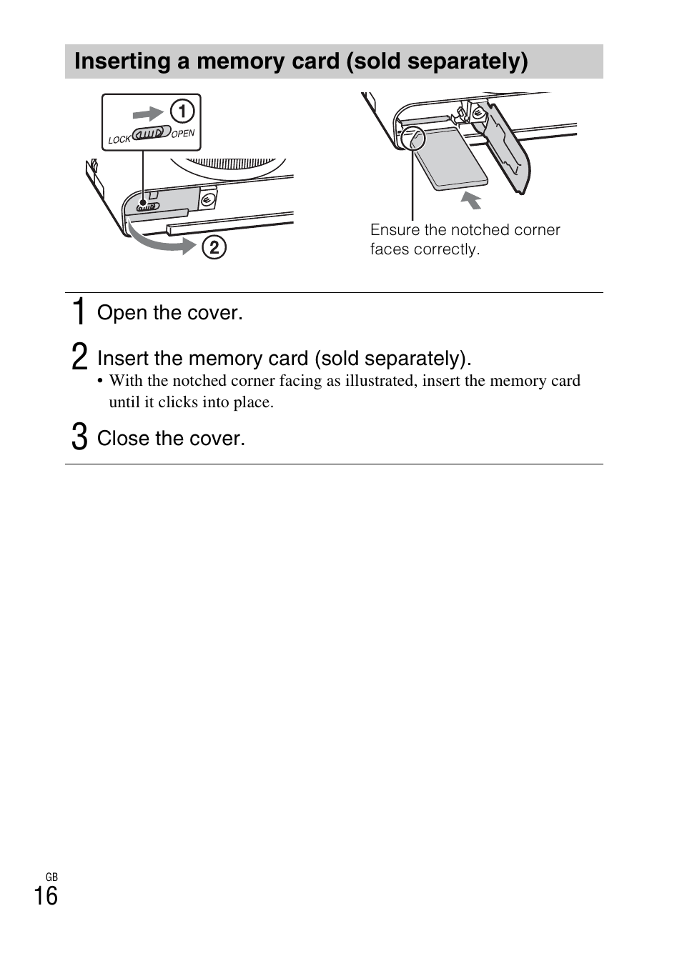 Inserting a memory card (sold separately) | Sony DSC-RX100M2COS User Manual | Page 16 / 120