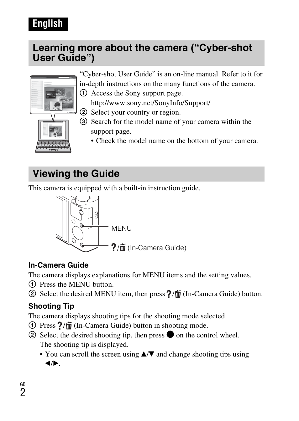 English, Viewing the guide | Sony DSC-RX100M2COS User Manual | Page 2 / 120