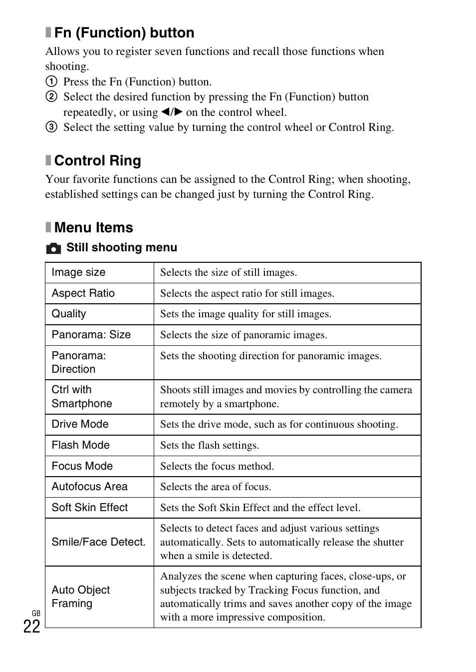 Xfn (function) button, Xcontrol ring, Xmenu items | Sony DSC-RX100M2COS User Manual | Page 22 / 120