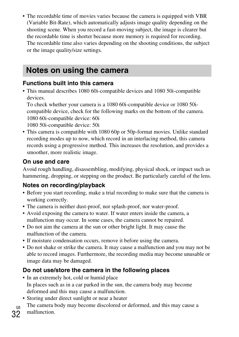 Notes on using the camera | Sony DSC-RX100M2COS User Manual | Page 32 / 120