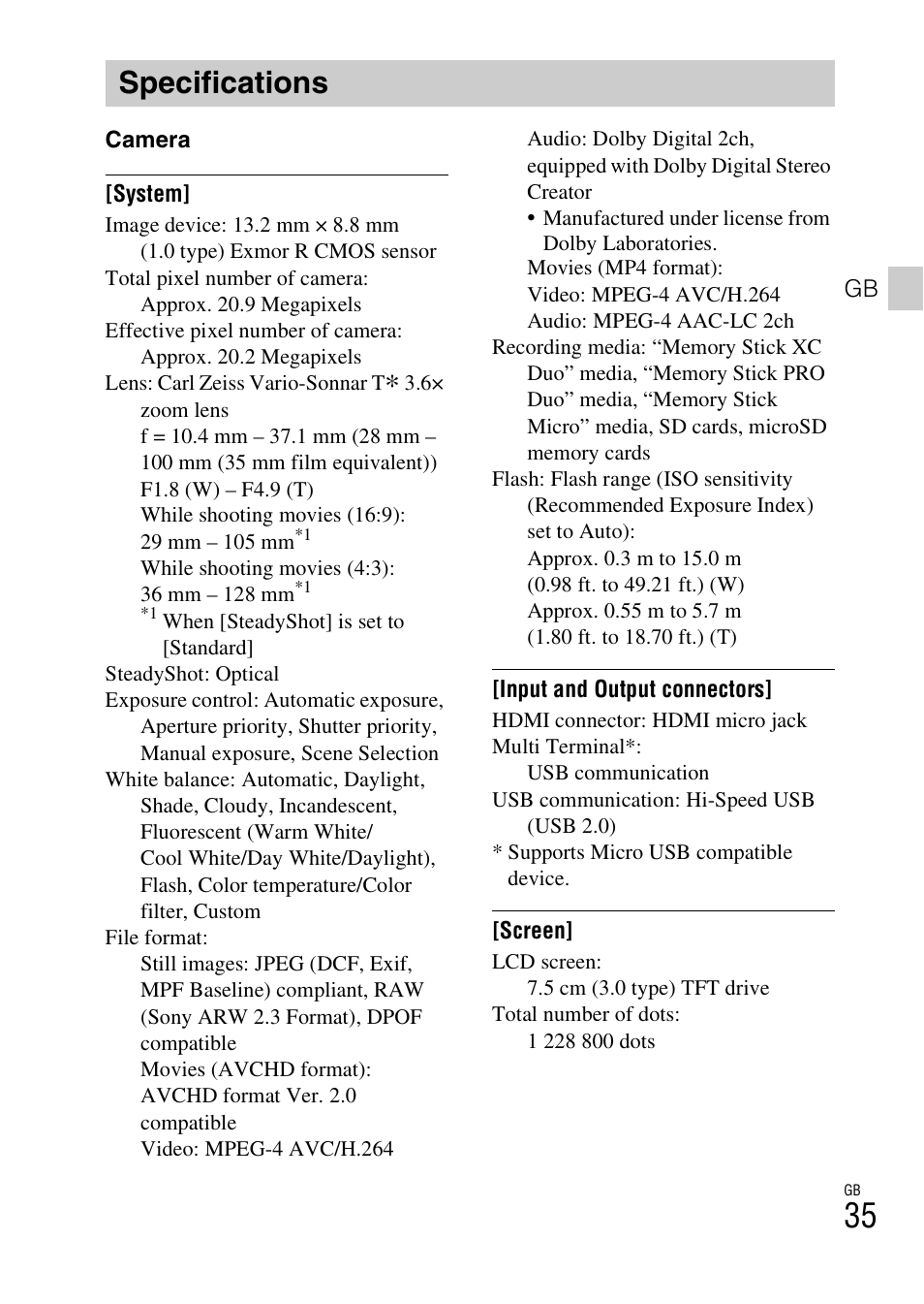 Specifications | Sony DSC-RX100M2COS User Manual | Page 35 / 120