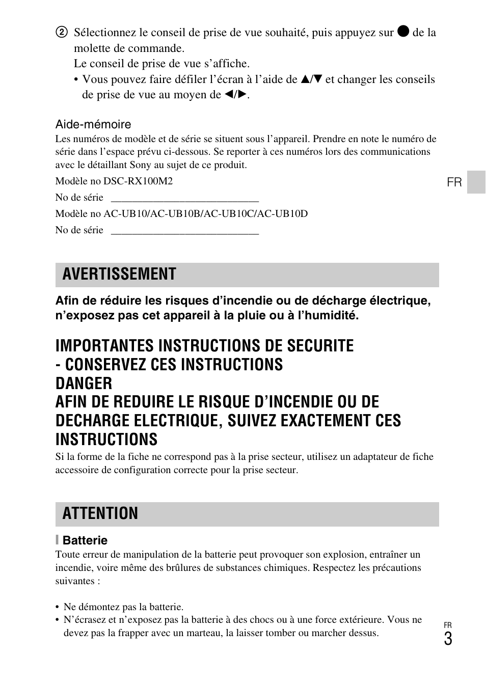 Avertissement attention | Sony DSC-RX100M2COS User Manual | Page 39 / 120