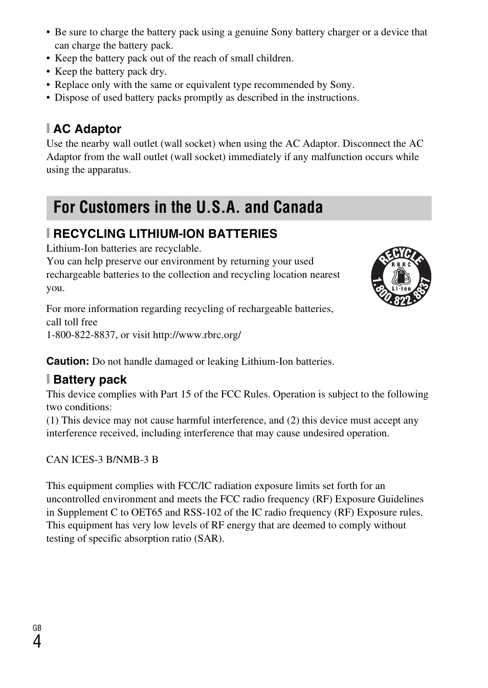 For customers in the u.s.a. and canada | Sony DSC-RX100M2COS User Manual | Page 4 / 120