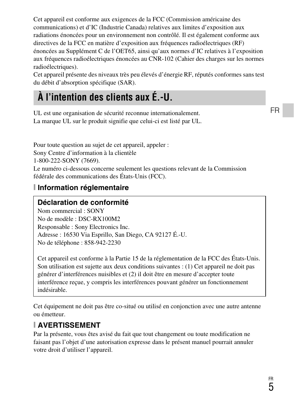 À l’intention des clients aux é.-u | Sony DSC-RX100M2COS User Manual | Page 41 / 120