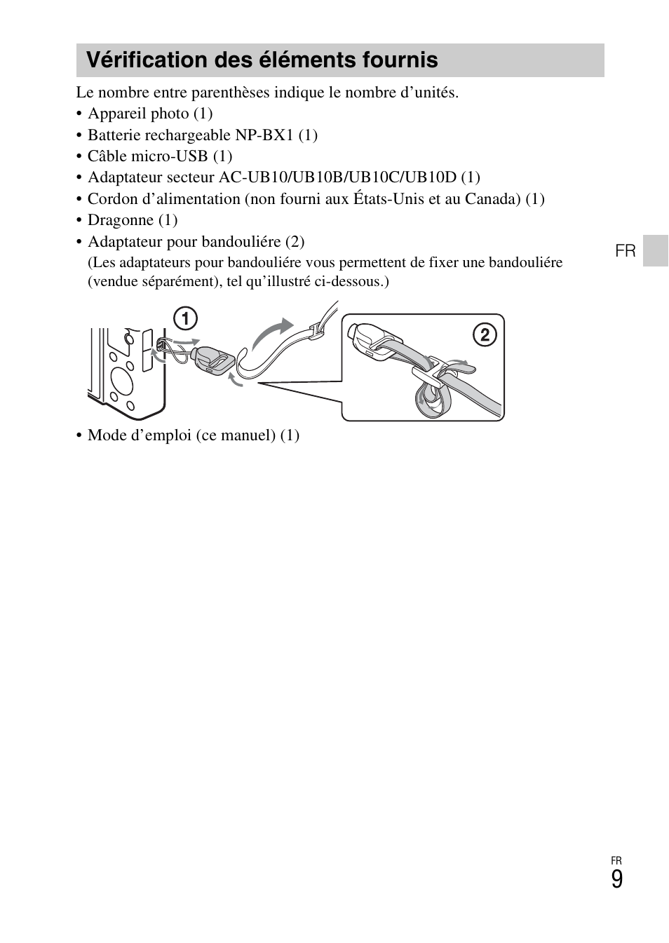 Vérification des éléments fournis | Sony DSC-RX100M2COS User Manual | Page 45 / 120