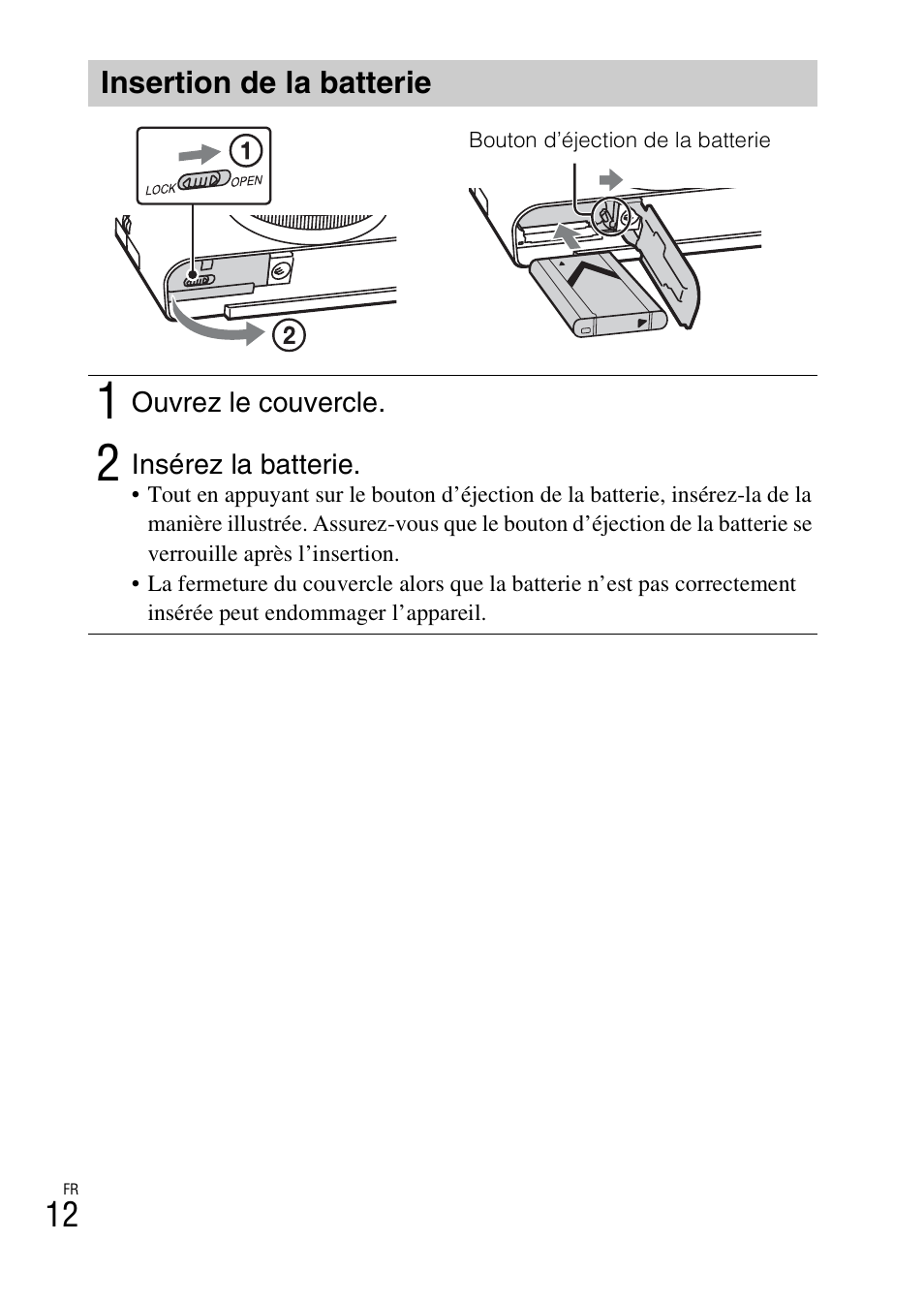 Insertion de la batterie | Sony DSC-RX100M2COS User Manual | Page 48 / 120