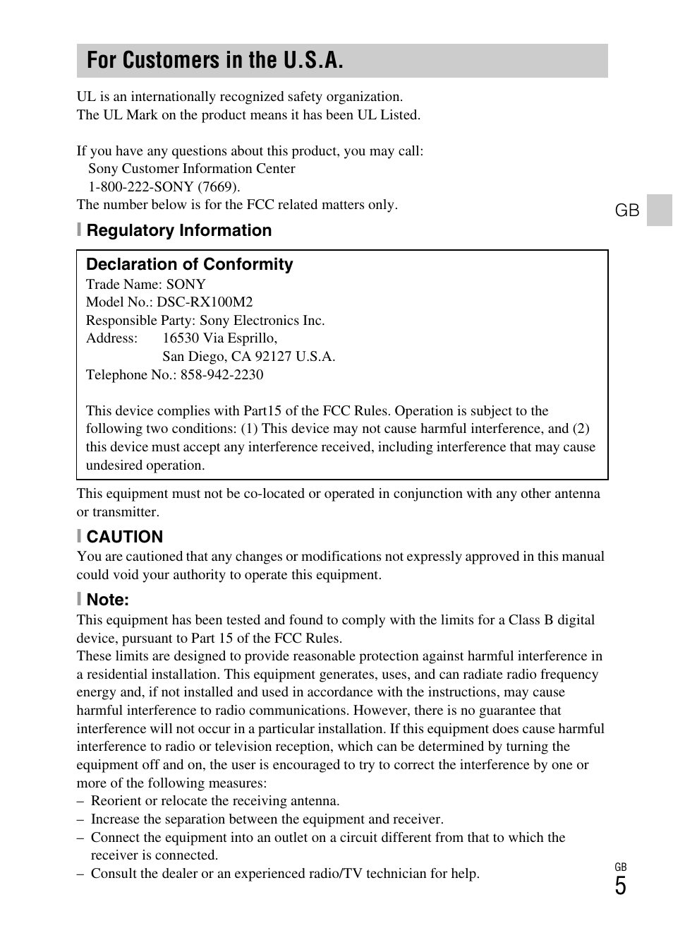 For customers in the u.s.a | Sony DSC-RX100M2COS User Manual | Page 5 / 120