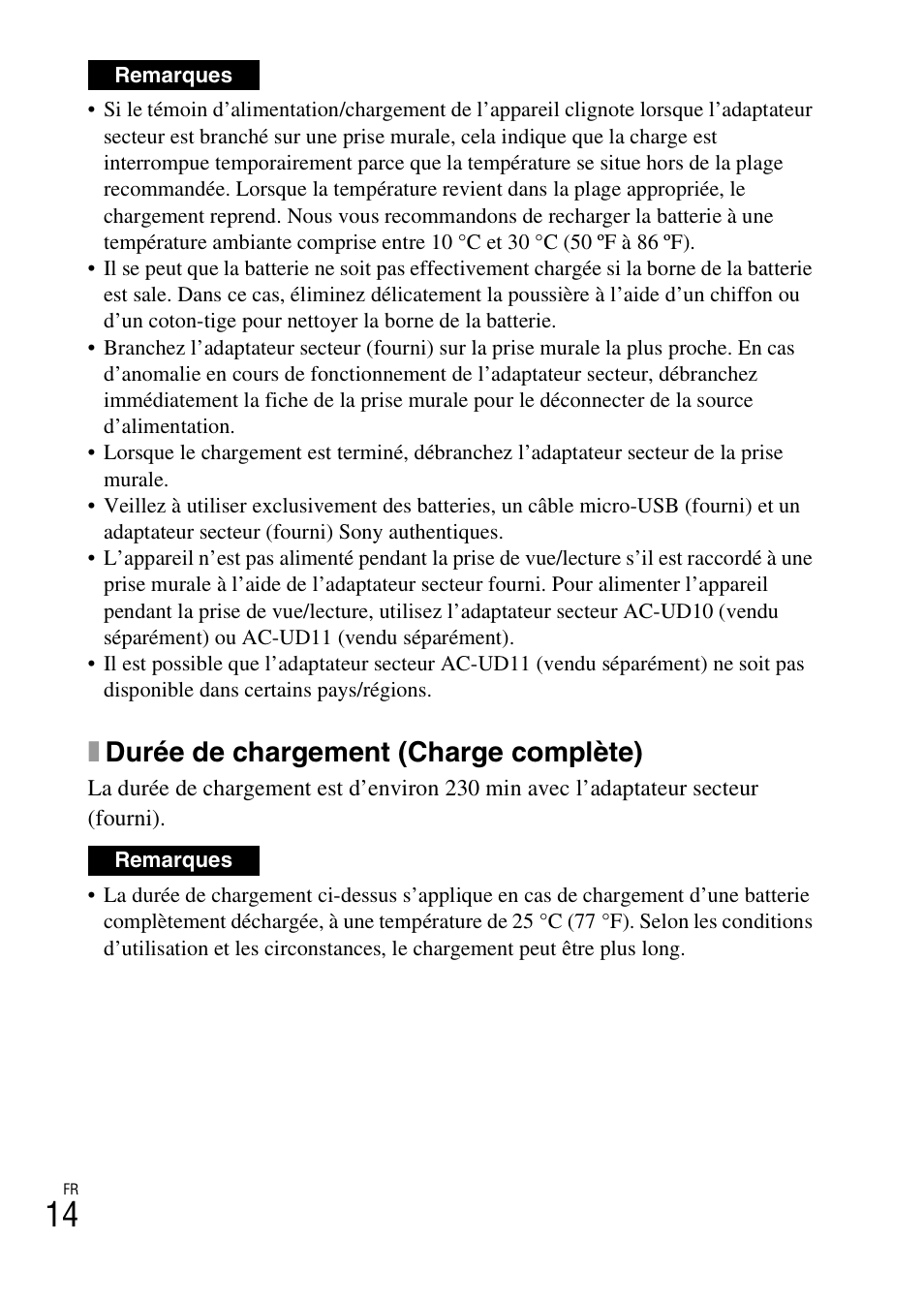 Xdurée de chargement (charge complète) | Sony DSC-RX100M2COS User Manual | Page 50 / 120