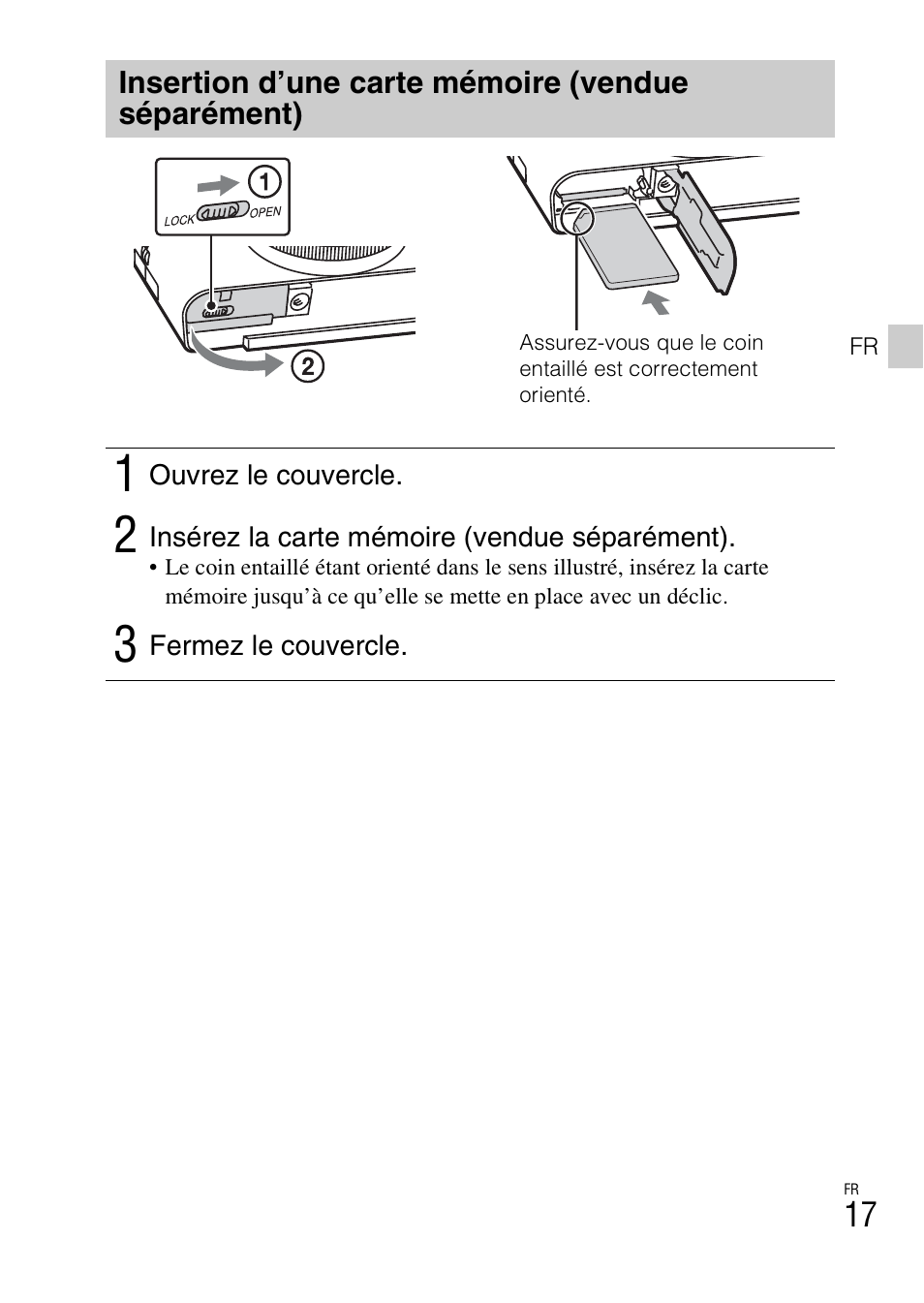 Insertion d’une carte mémoire (vendue séparément) | Sony DSC-RX100M2COS User Manual | Page 53 / 120