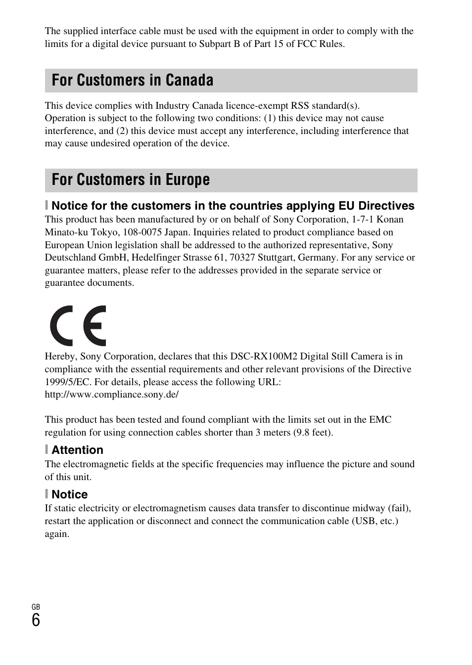 For customers in canada for customers in europe | Sony DSC-RX100M2COS User Manual | Page 6 / 120