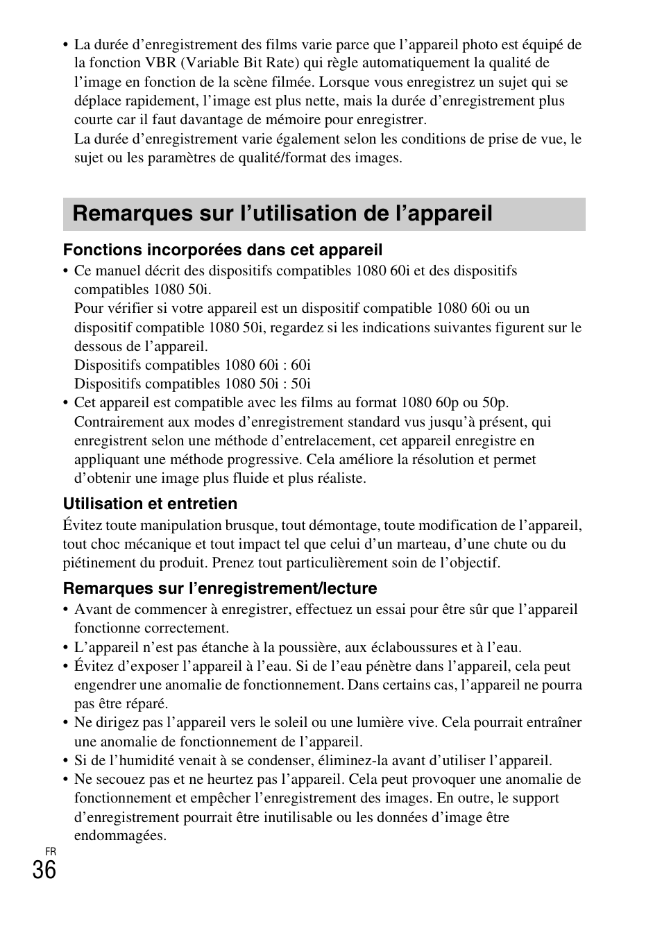 Remarques sur l’utilisation de l’appareil | Sony DSC-RX100M2COS User Manual | Page 72 / 120