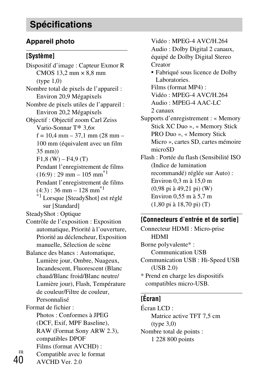 Spécifications | Sony DSC-RX100M2COS User Manual | Page 76 / 120