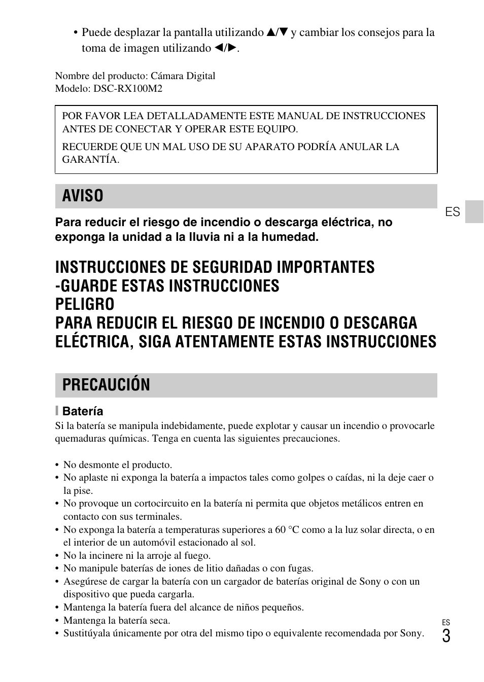 Aviso precaución | Sony DSC-RX100M2COS User Manual | Page 81 / 120