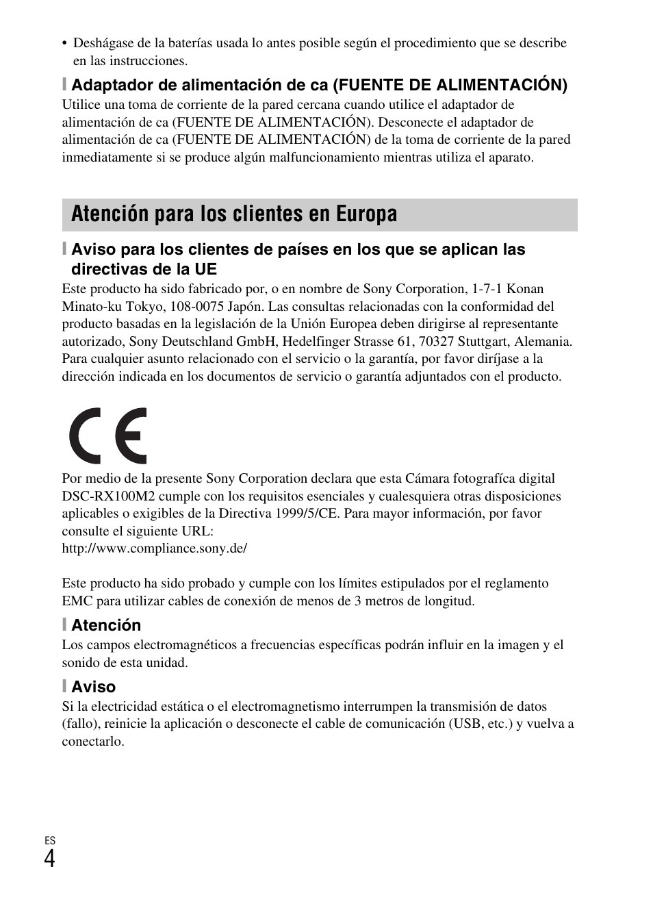 Atención para los clientes en europa | Sony DSC-RX100M2COS User Manual | Page 82 / 120