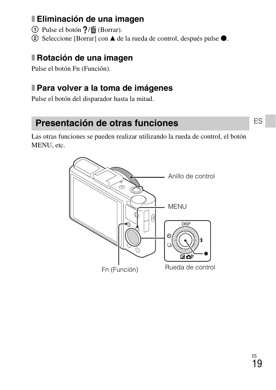 Presentación de otras funciones, Xeliminación de una imagen, Xrotación de una imagen | Xpara volver a la toma de imágenes | Sony DSC-RX100M2COS User Manual | Page 97 / 120