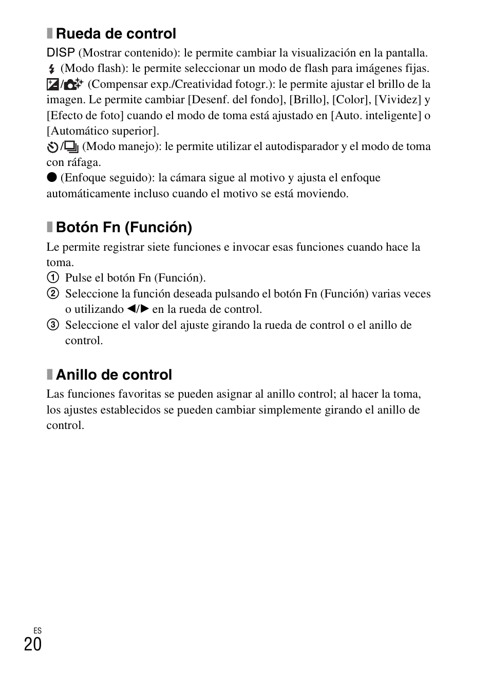 Xrueda de control, Xbotón fn (función), Xanillo de control | Sony DSC-RX100M2COS User Manual | Page 98 / 120