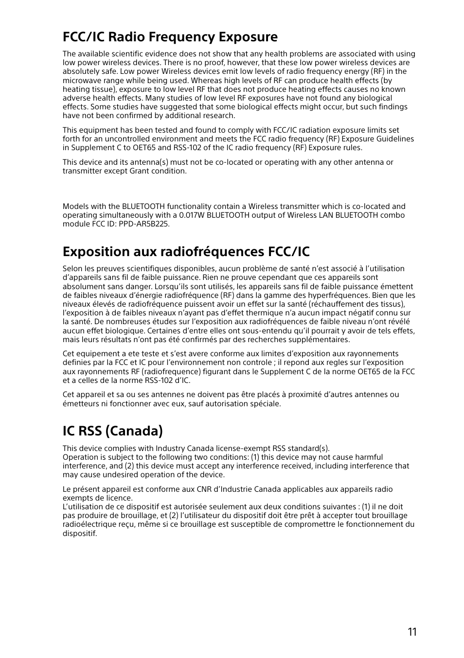 Fcc/ic radio frequency exposure, Exposition aux radiofréquences fcc/ic, Ic rss (canada) | Sony SVE11125CXB User Manual | Page 11 / 24