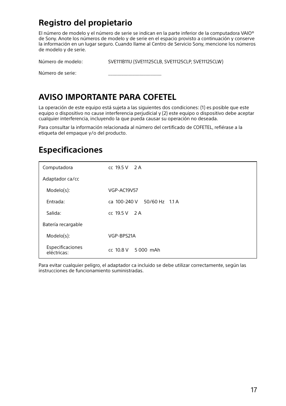 Registro del propietario, Aviso importante para cofetel, Especificaciones | Sony SVE11125CXB User Manual | Page 17 / 24