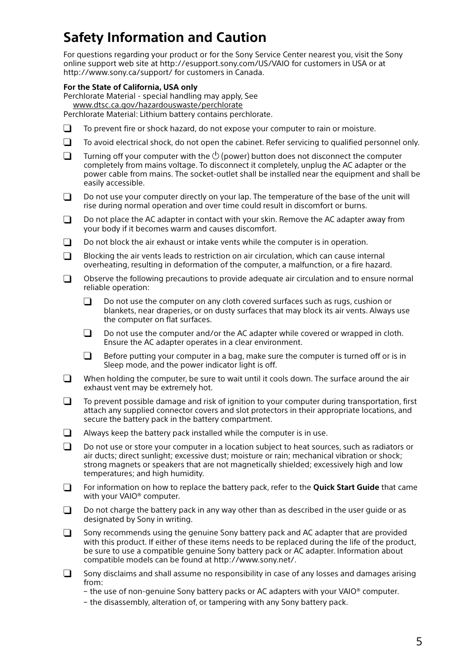 Safety information and caution | Sony SVE11125CXB User Manual | Page 5 / 24