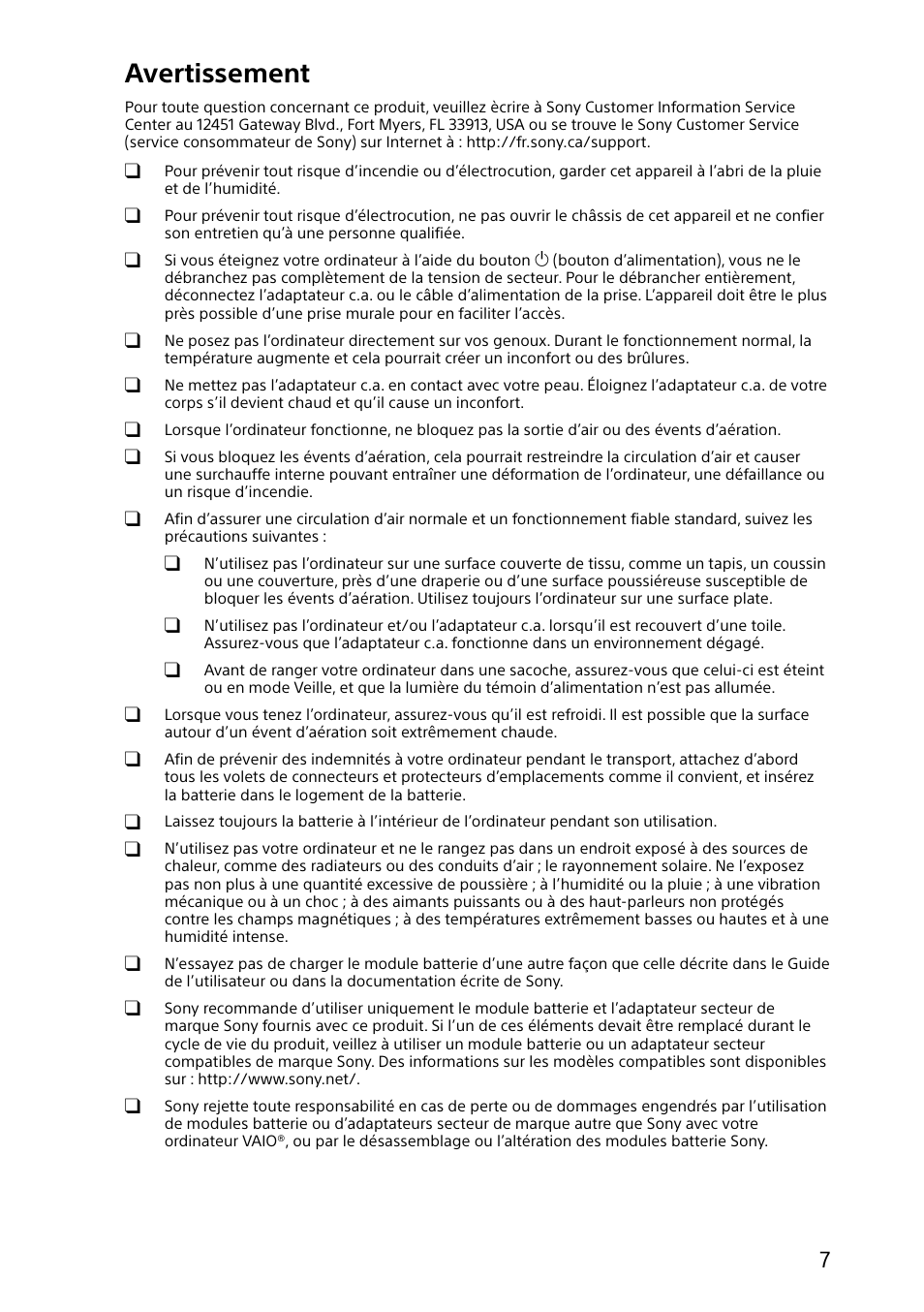 Avertissement | Sony SVE11125CXB User Manual | Page 7 / 24