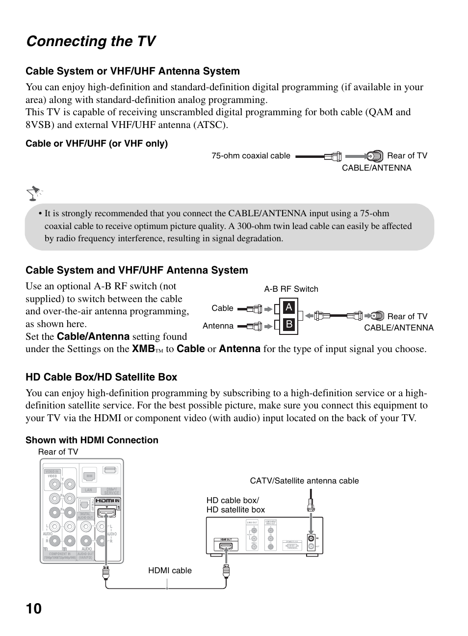 Connecting the tv, 10 connecting the tv | Sony KDL-52XBR9 User Manual | Page 10 / 48