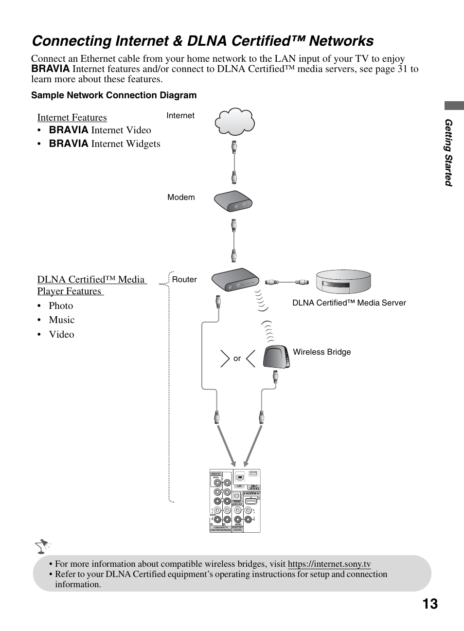 Connecting internet & dlna certified™ networks, Connecting internet & dlna certified, Networks | 13 connecting internet & dlna certified™ networks, Gettin g sta rte d, Sample network connection diagram | Sony KDL-52XBR9 User Manual | Page 13 / 48