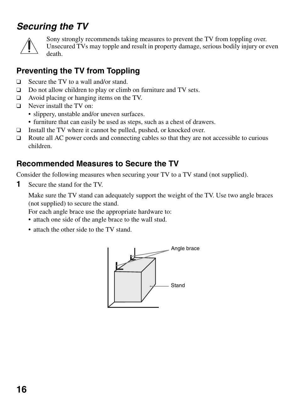 Securing the tv, 16 securing the tv, Preventing the tv from toppling | Recommended measures to secure the tv | Sony KDL-52XBR9 User Manual | Page 16 / 48