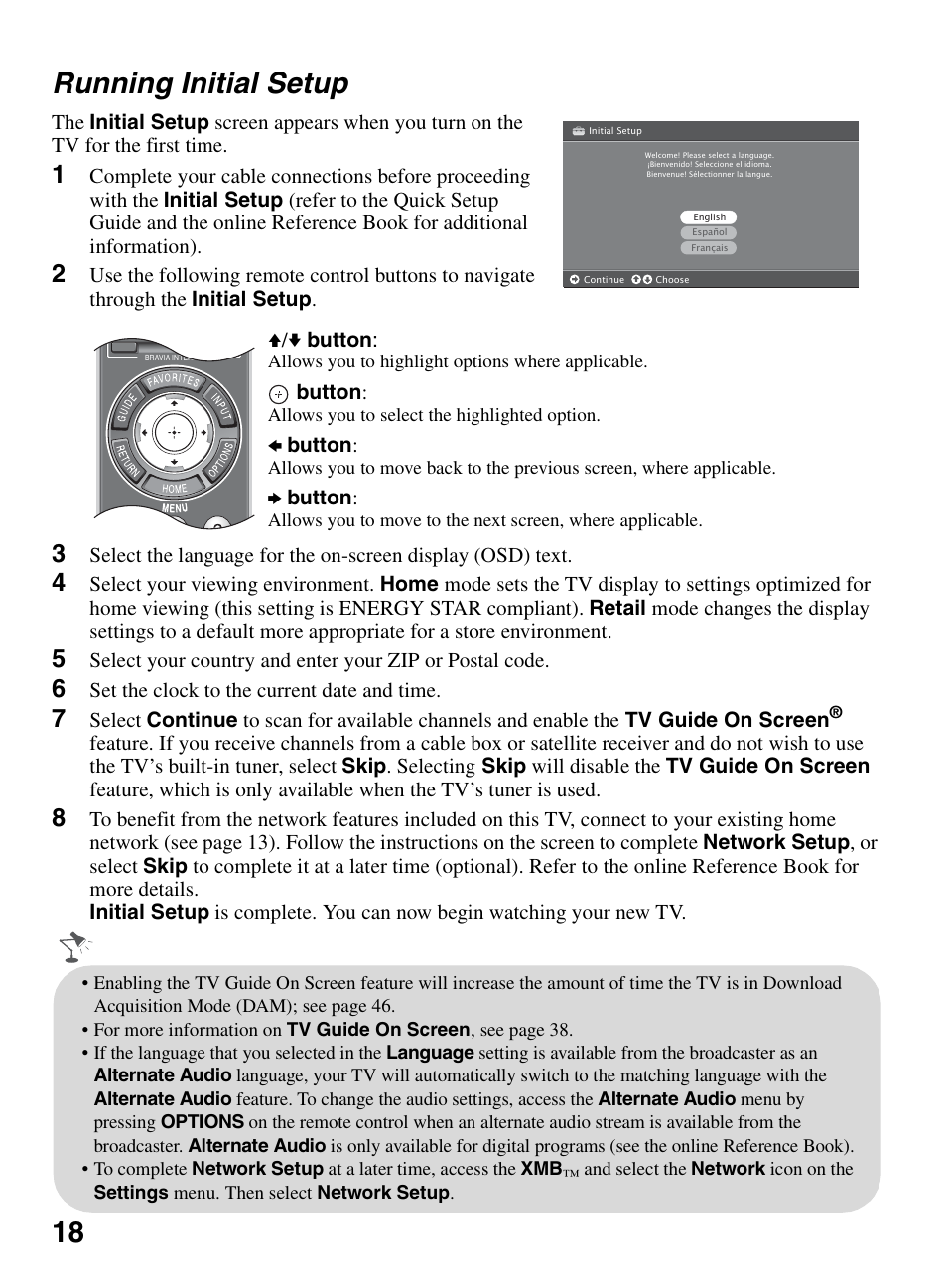 Running initial setup, 18 running initial setup | Sony KDL-52XBR9 User Manual | Page 18 / 48