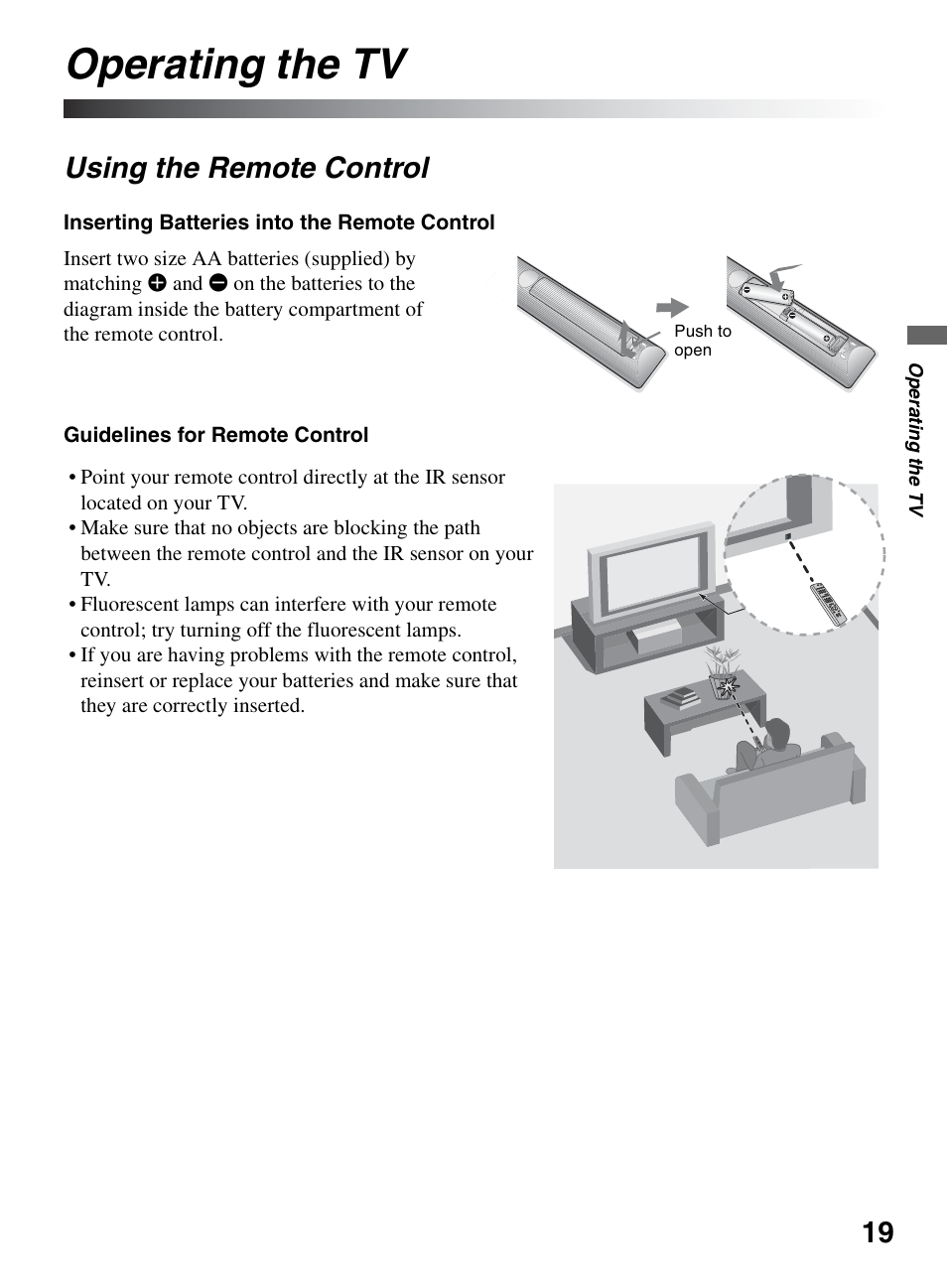 Operating the tv, Using the remote control | Sony KDL-52XBR9 User Manual | Page 19 / 48