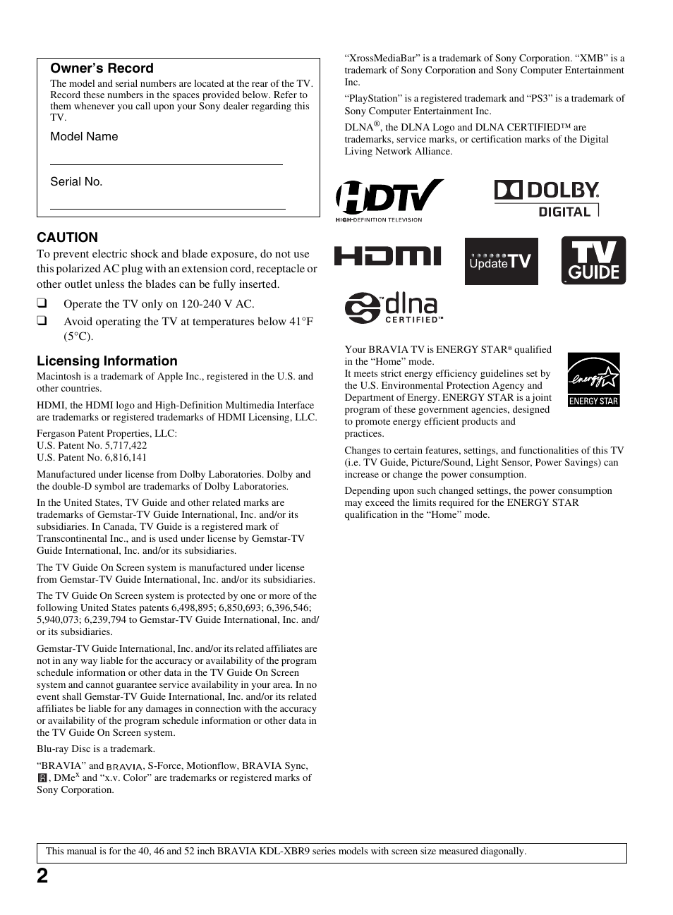 Caution, Licensing information, Owner’s record | Sony KDL-52XBR9 User Manual | Page 2 / 48