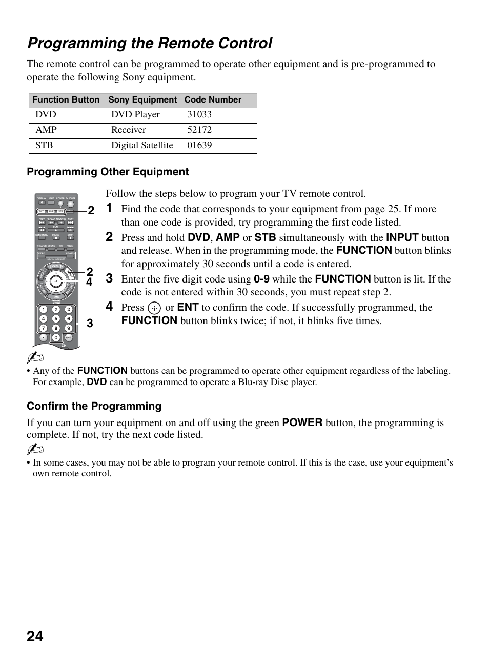 Programming the remote control, Confirm the programming, 24 programming the remote control | Sony KDL-52XBR9 User Manual | Page 24 / 48