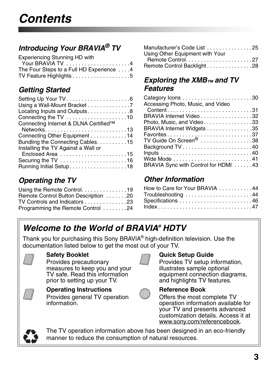 Sony KDL-52XBR9 User Manual | Page 3 / 48