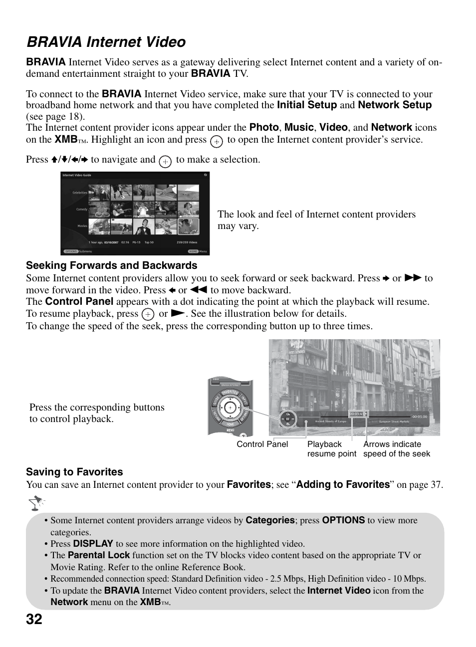 Bravia internet video, Ge 32, 32 bravia internet video | Sony KDL-52XBR9 User Manual | Page 32 / 48