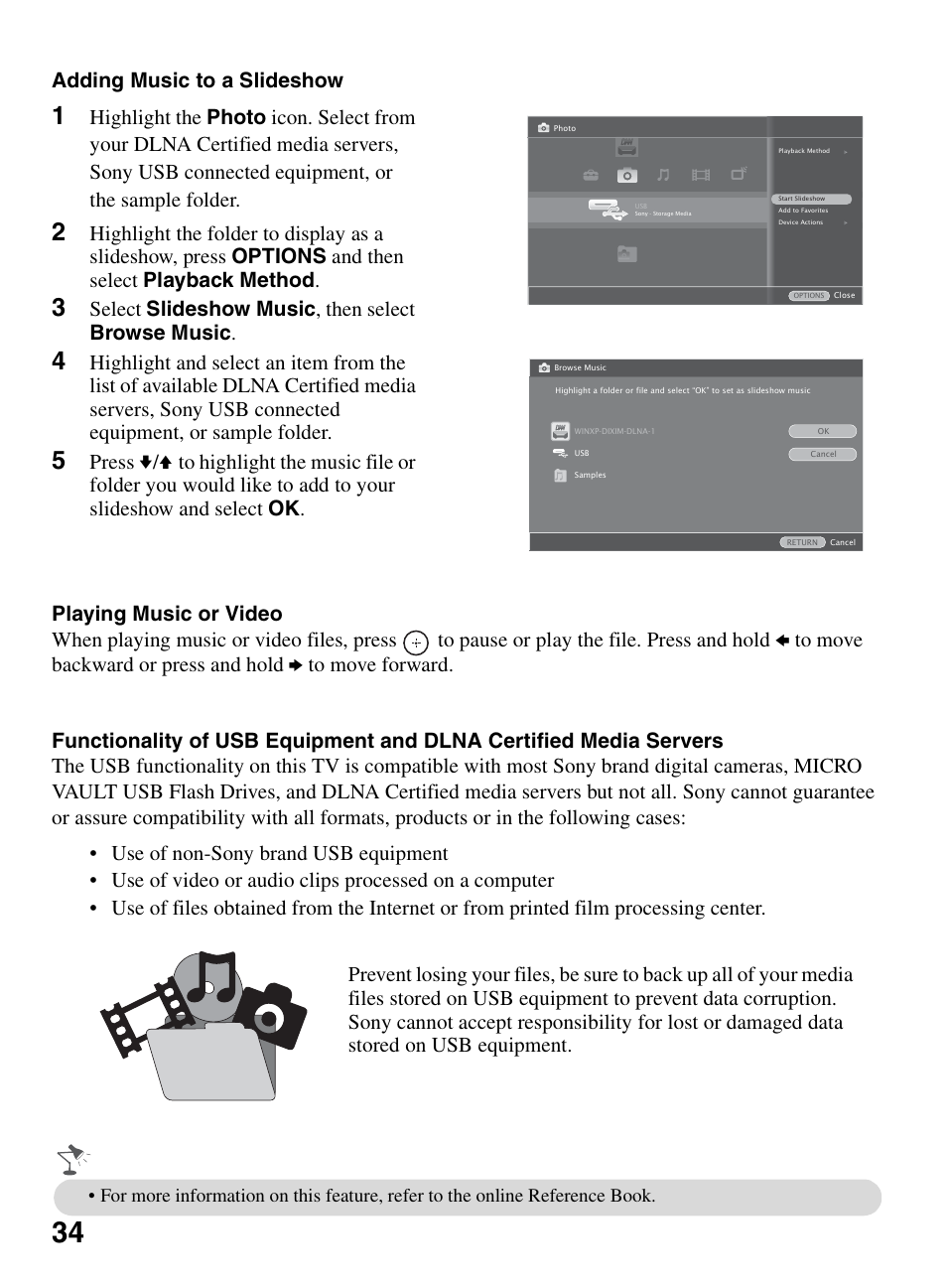 Adding music to a slideshow, Select slideshow music , then select browse music | Sony KDL-52XBR9 User Manual | Page 34 / 48